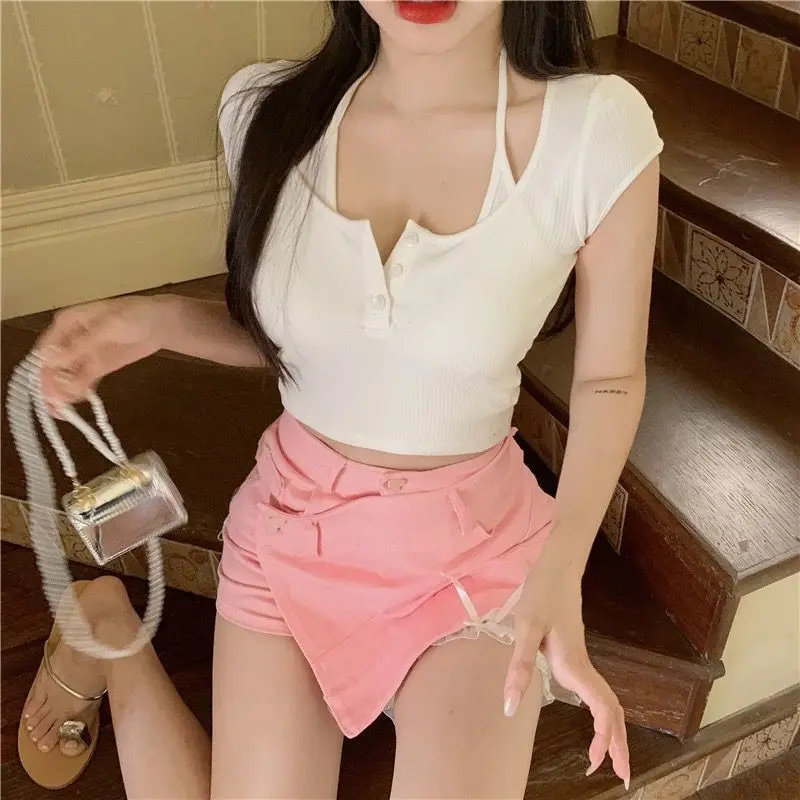 

Женские топы в стиле Харадзюку, милые облегающие футболки с имитацией двух предметов, лето 2023, модная уличная одежда Y2K, пикантный кроп-топ