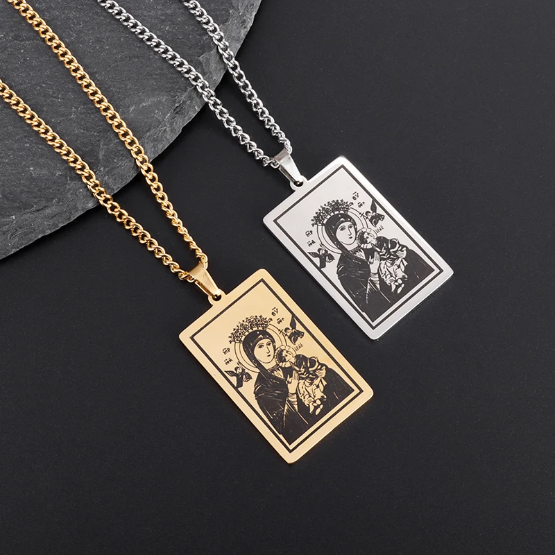 

Men and Women's New Fashion Design Exquisite Stainless Steel Catholic Virgin Mary Square Pendant Necklace Religious Amulet Gift