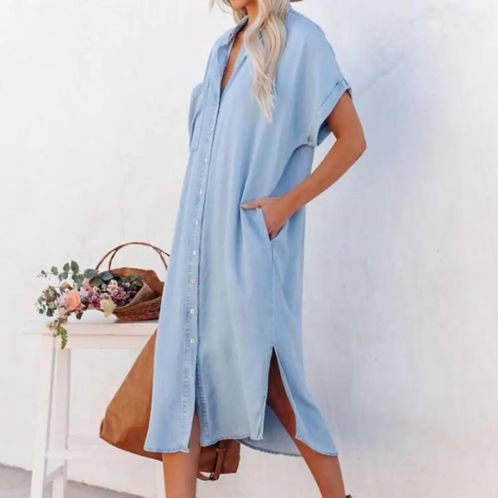 

Lightweight Terrific Casual Women Dress Loose Denim Dress Turn-down Collar for Home