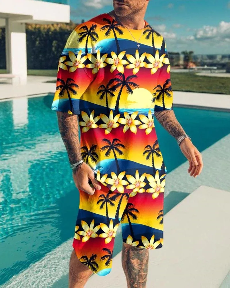

2022 New Summer Oversized Mens Fashion Casual Beach Style Short Sleeve 3D Digital Print T-Shirt Shorts Suit Men'sTracksuits