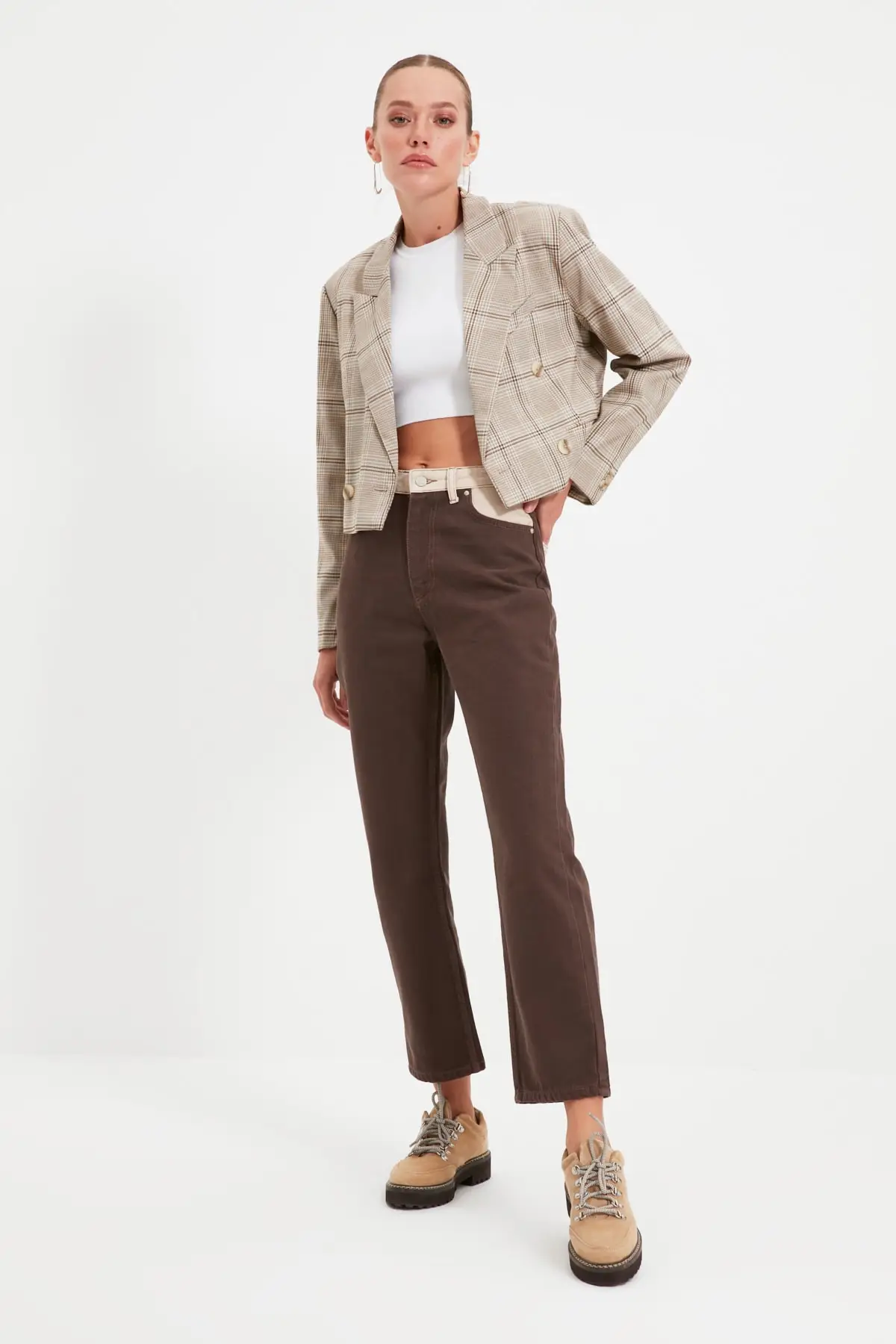 Trendyol Detail at Waist With Color Block High Bel Straight Jeans TWOAW22JE0813