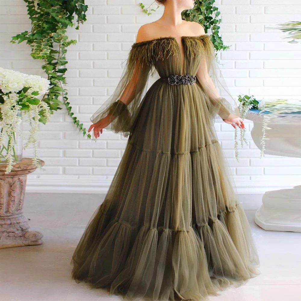 

Meetlove, длинные платья для выпускного вечера из тюля с перьями, 3D цветочное Бисероплетение, длинные рукава, женское ТРАПЕЦИЕВИДНОЕ вечернее платье, официальное платье для вечеринки