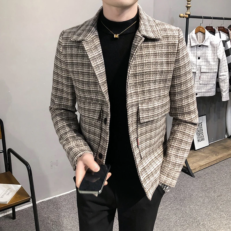 

New Korean Casual Men Stitching Jacket Slim Jacket Fashion Warm Long-sleeved Plaid Gentleman Pockets Coat Jacket Plus Size S-2XL