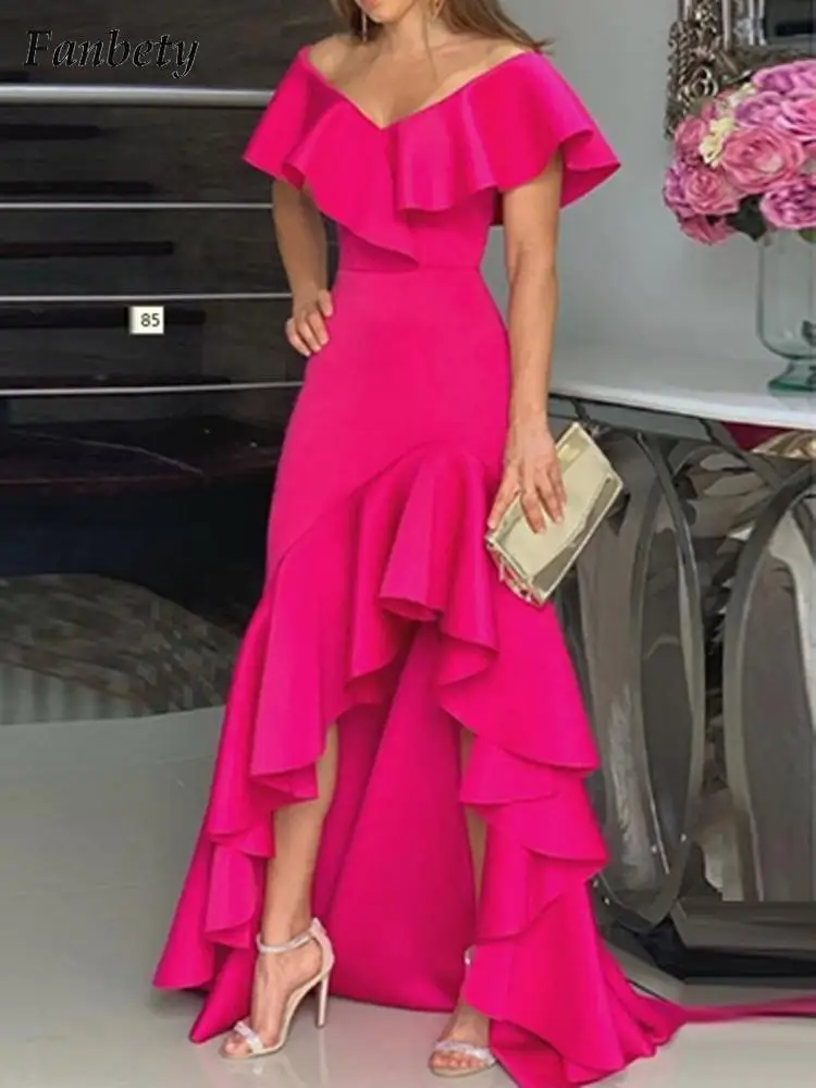

Summer Off Shoulder Ruffle Hem Boho Dress Women Sexy Deep V Neck Irregular Evening Party Dress Spring Backless Solid Long Dress