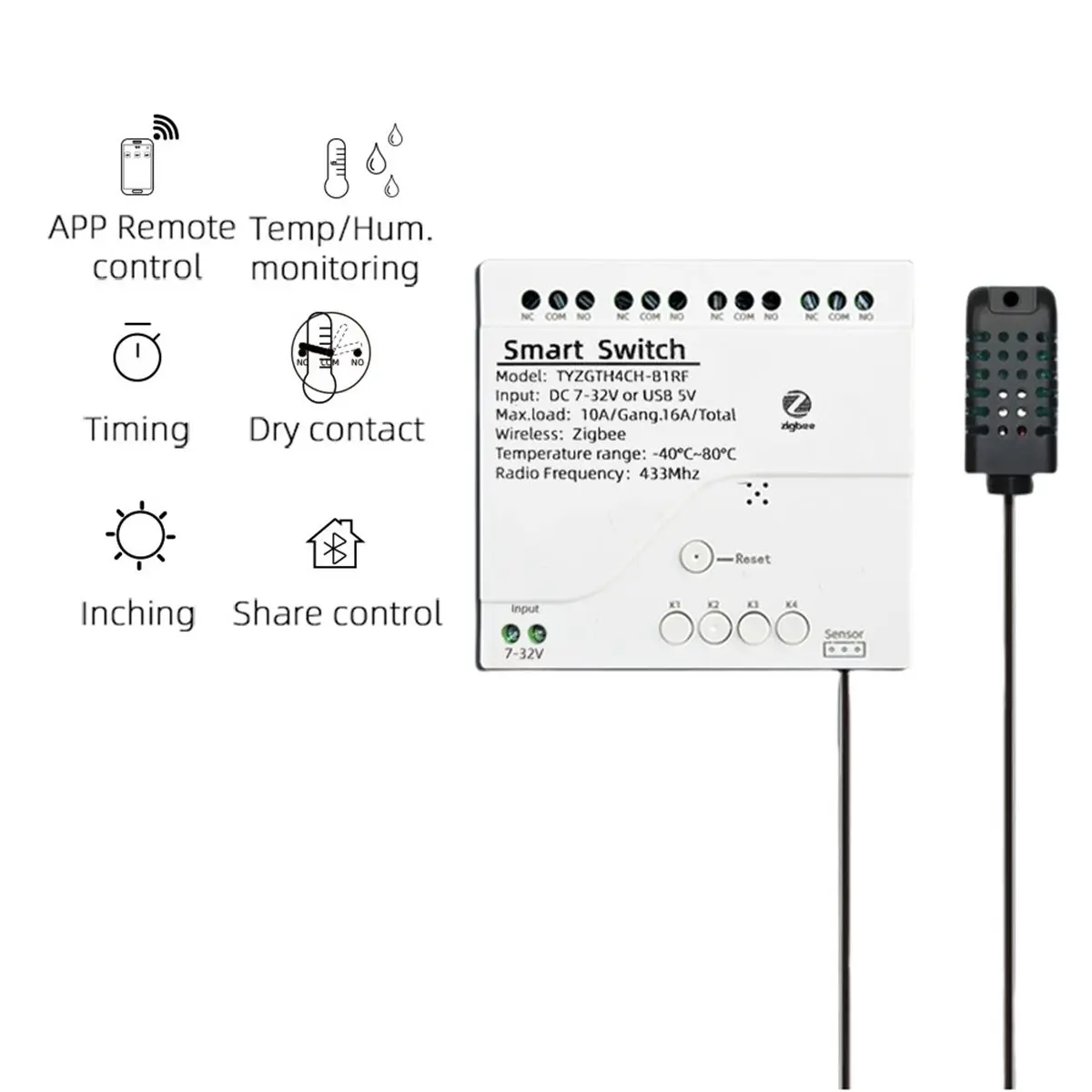 Фото A80I Tuya Zigbee DC 7-32В 4-канальный умный выключатель с датчиком температуры и влажности, пассивный сухой контактный модуль, вилка стандарта ЕС №5