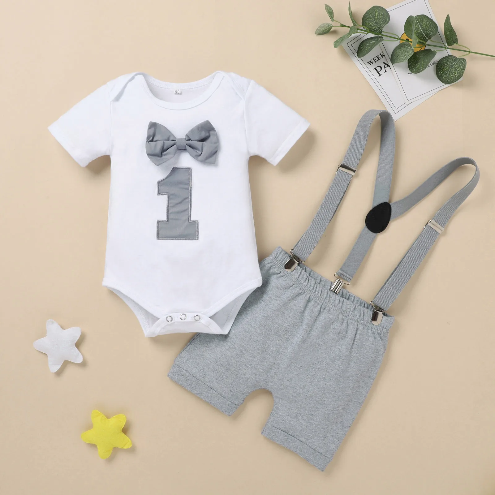 Baby Boy Clothing One Year Infant Baby Boy Bow Tie Romper Bodysuit Funny First Birthday Clothes Outfits Set Baby Kleding Jongen