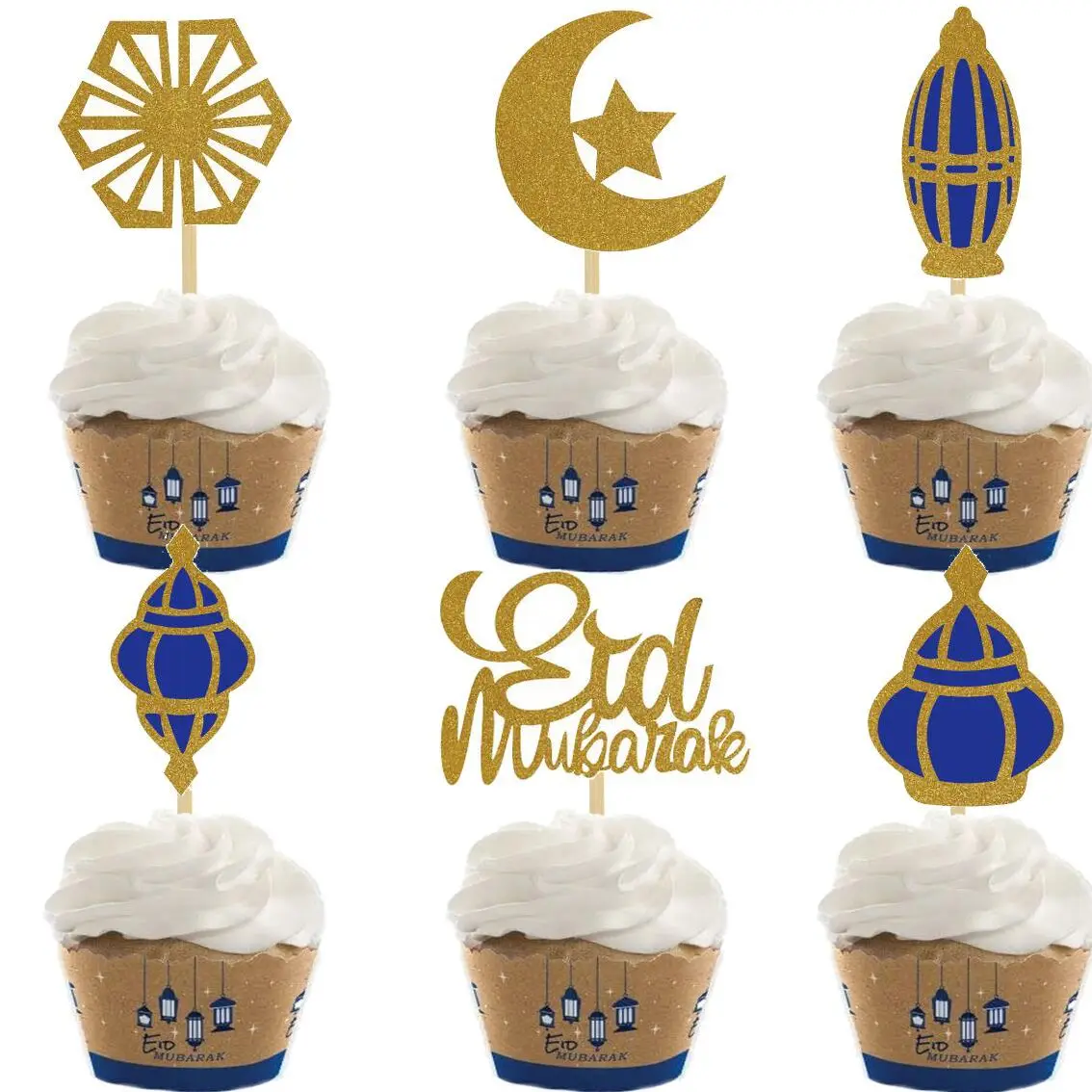 

12pcs Eid Mubarak Cupcake Topper Ramadan Decoration Islam Muslim Festival Party Cake Topper DIY Baking Tool Decoration Supplies