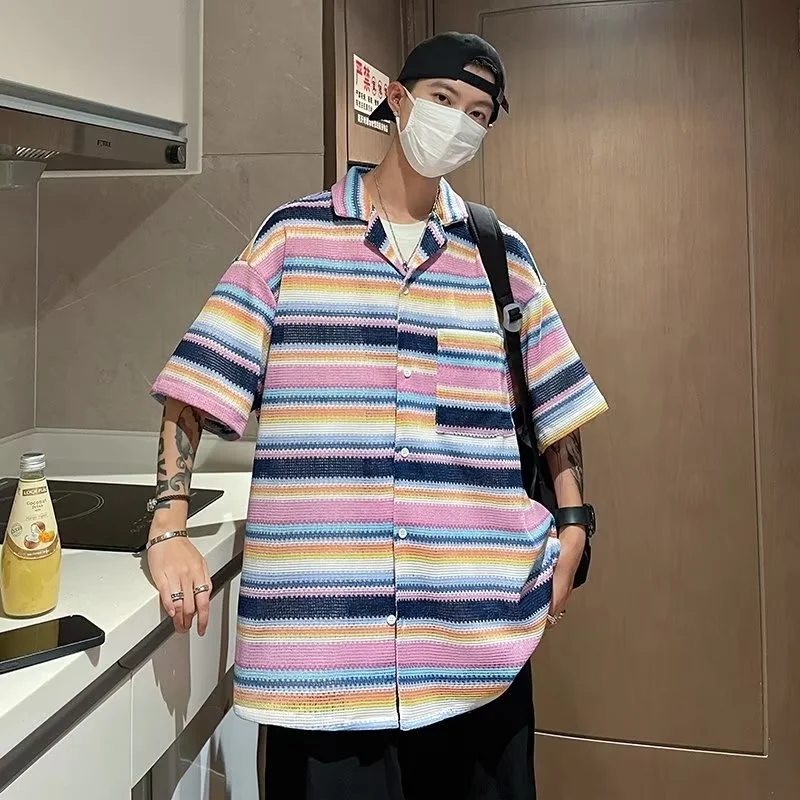 

Summer Short Sleeve Shirt Men Fashion Oversized Color Stripe Shirt Men Streetwear Loose Casual Shirts Mens Hawaiian Shirt S-2XL
