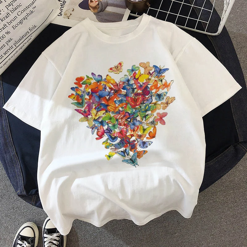 

Watercolor Heart Butterfly Print Women Butterfly Pattern Tshirt Polyester Casual Funny T Shirt Lady Young Girl Harajuku Style