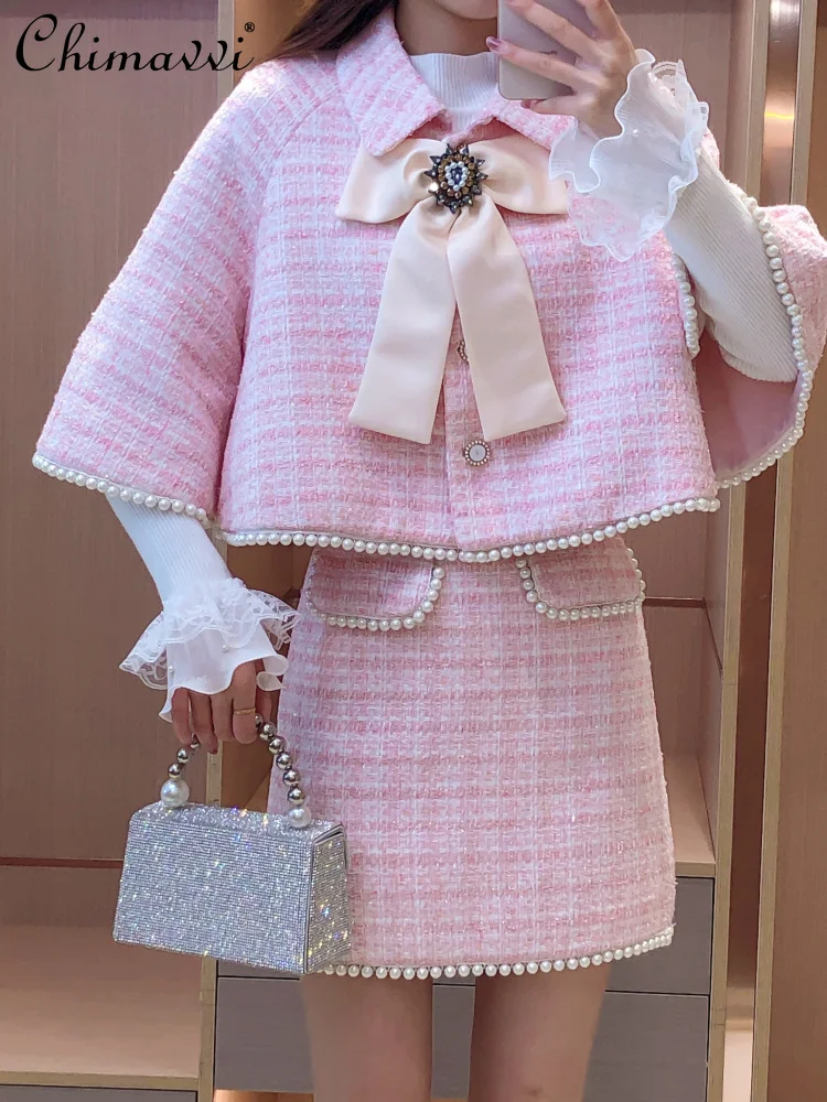 

Sweet Pink Western Style Lapel Cloak Tops Fashion Bow High Waist Slimming Skirt 2023 Women's Autumn Winter Three-Piece Set