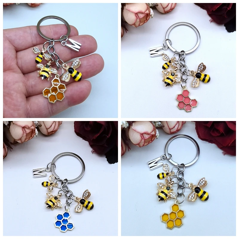 

Cute Women Hexagon Honeycomb Drip Oil Rhinestone Bee Keychain Couple Insect Key Ring Bag Ornament Accessories