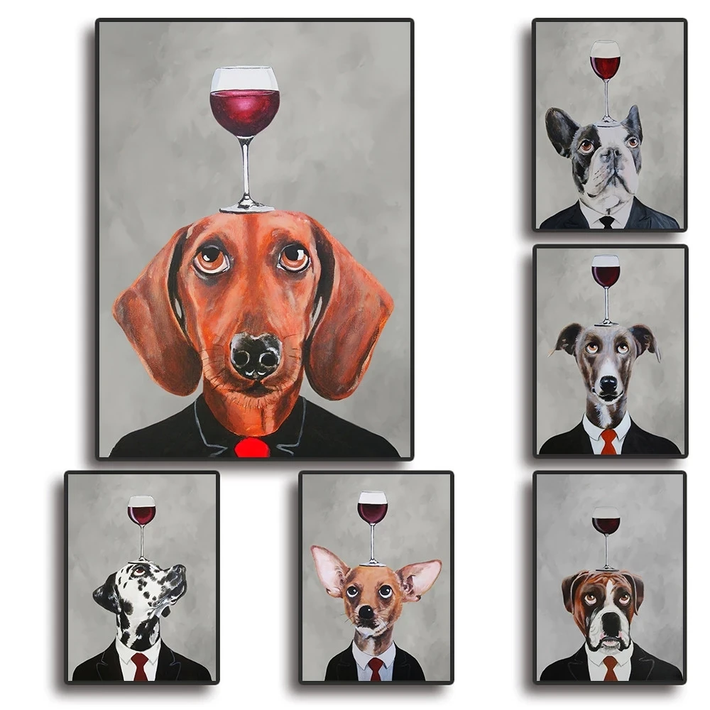 

Fashion Animal Pictures Red Wine Chihuahua Dachshund Dalmatian Poster Cool Dog Canvas Painting Bar Living Room Wall Art Decor