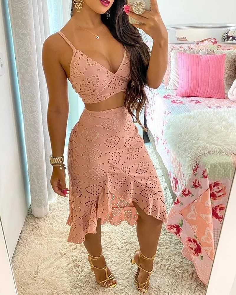 

Sexy Hollow Out Skirt Set Women 2022 New Ruffle Cami Crop Top & High Waist Pink Yellow Black Skirt Suit Two Piece Sets