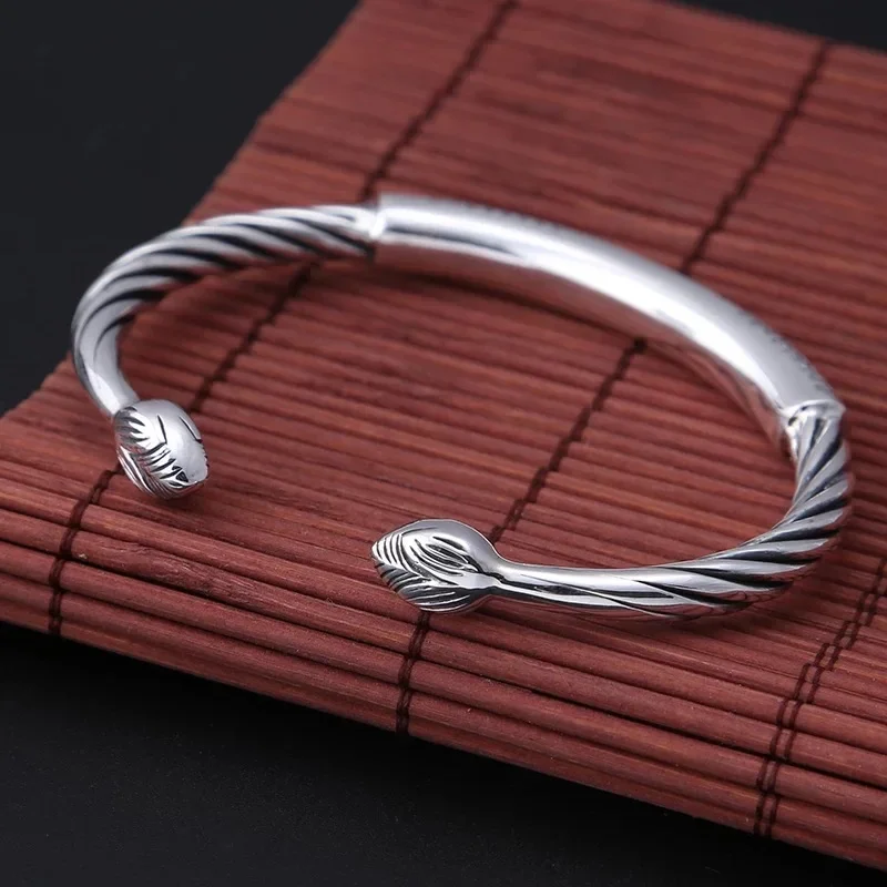 Модный мужской серебряный Открытый браслет с индийским лотосом гравировкой