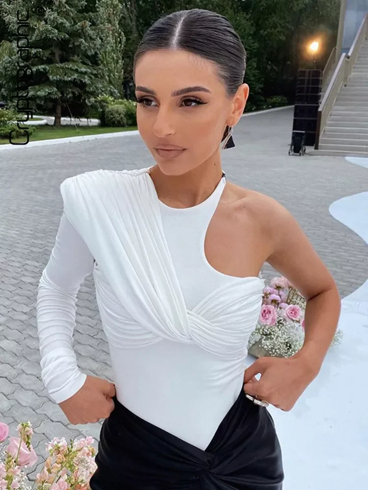 

Cryptographic One Shoulder Sexy Backless Twist Bodysuits Women Long Sleeve Top Slim High Waist Bodysuit Club Party Streetwear