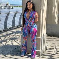 printed slim zipper jumpsuit womens lapel sleeveless stretch trousers street high waist flared pants 2022 spring and summer new