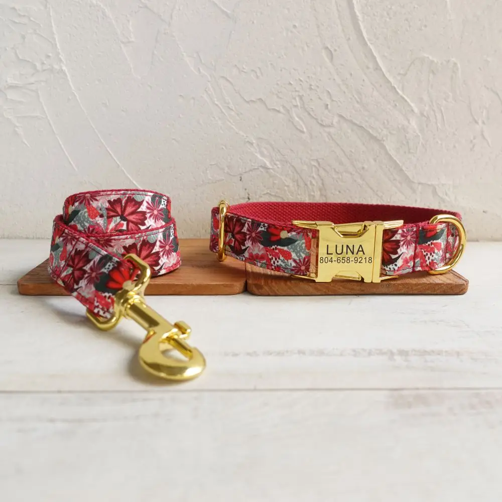 

Personalized Dog Collar Custom Pet Collar Free Engraving ID Name Tag Pet Accessory Red Flowers Puppy Collar Leash