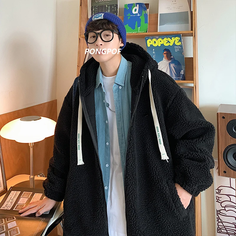 EOENKKY/Fleece Parkas Streetwear Lambswool Winter Jacket 2022 Windbreakers Hip Hop Patchwork Korean Fashions Zipper Coat