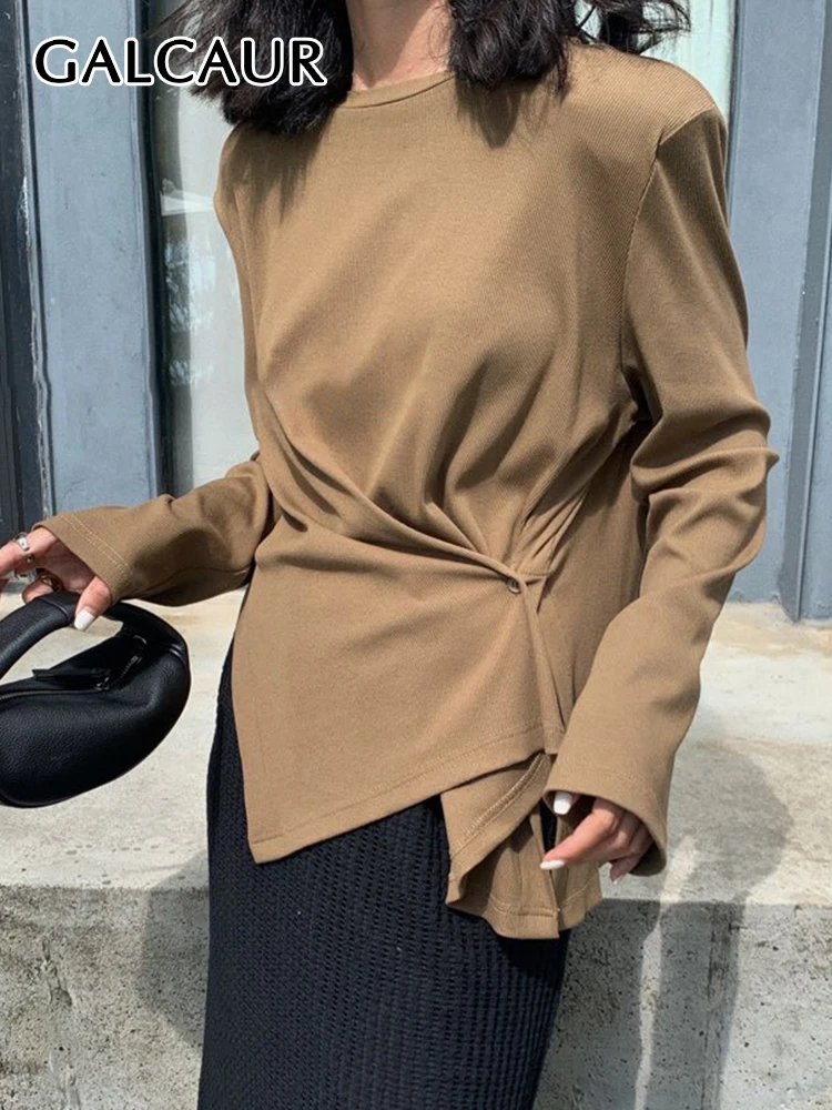 

GALCAUR Solid T Shirt For Women Round Neck Long Sleeve Irregular Side Split Minimalist T Shirts Female Summer Fashion 2022 New