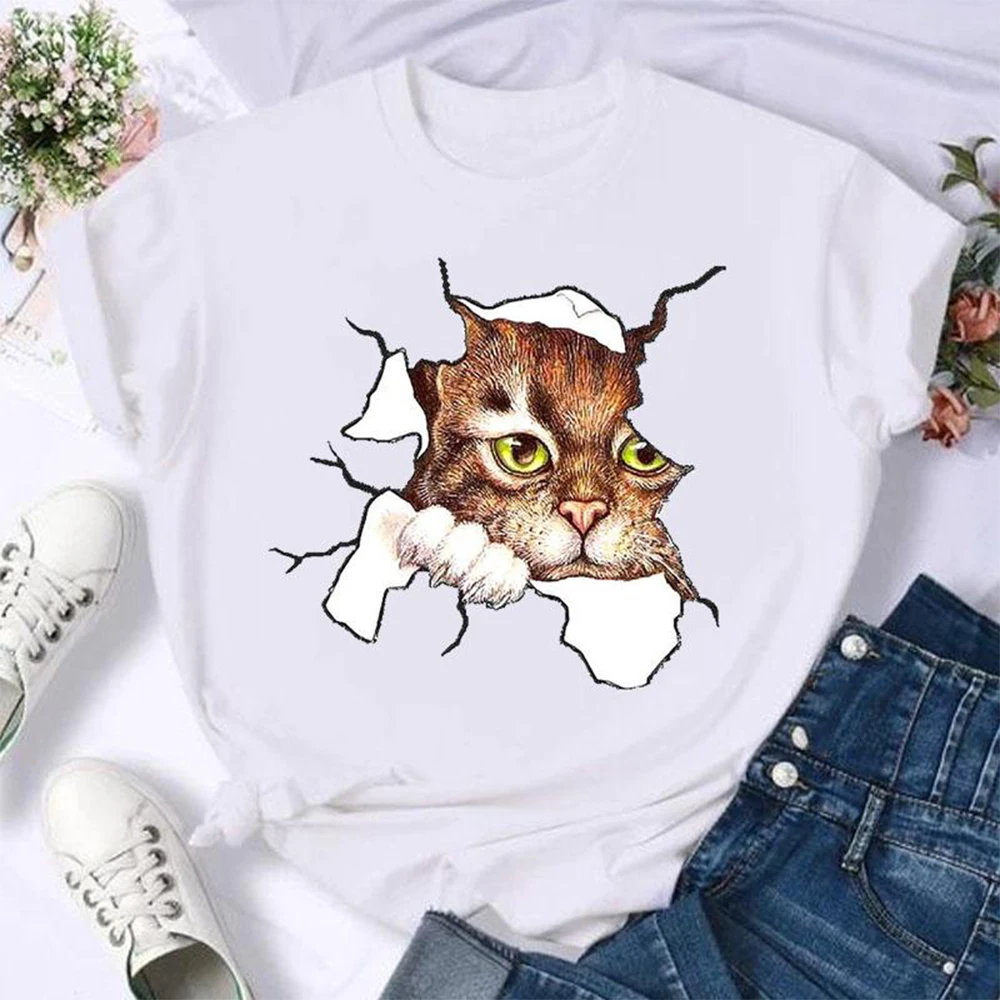 

Funny Cat Print Women's T-Shirts Trendy Girl Kawaii Style Tops Street Trend Harajuku Short Sleeve Outdoor Leisure Oversized Tees