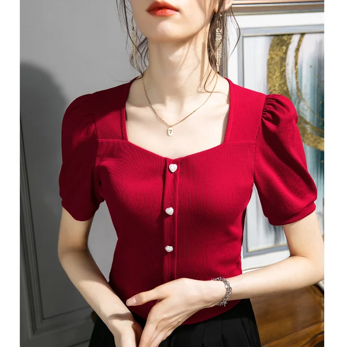 

Women's short sleeved T-shirt summer retro square neck solid color top