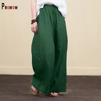 prowow loose wide leg pant cotton linen casual summer fall streetwear trousers high waisted solid color female baggy pants