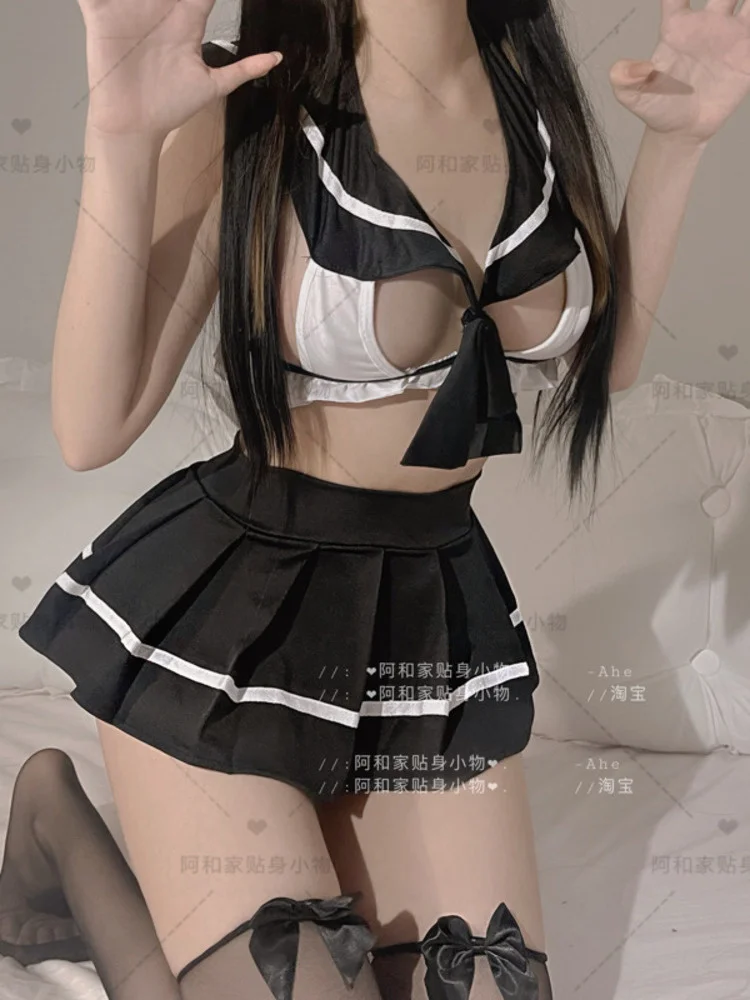 

Fashion Hot Sexy WOMENGAGA Korean Women JK Lolita Skirts Set Mini Pleated Stripe Skirt+v Neck Hot Sexy Tshirt Two Piece Set DP4H