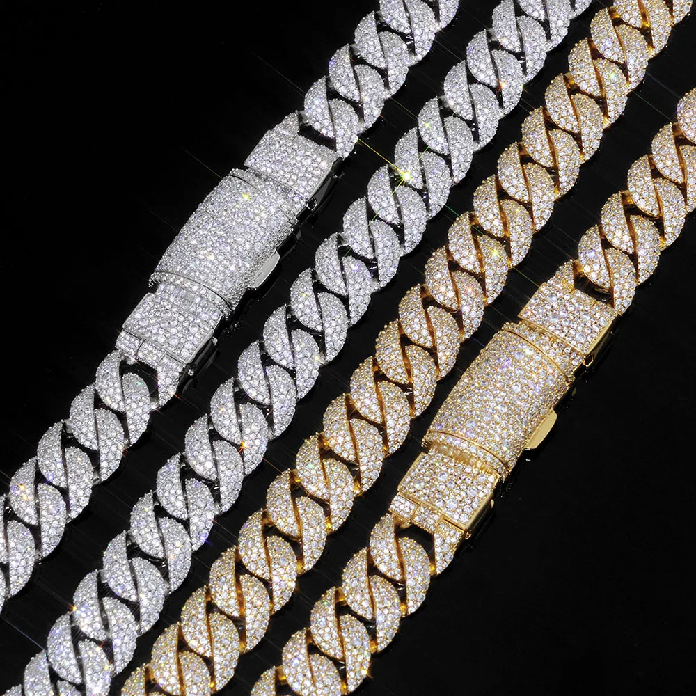 Фото Изысканное колье-цепочка Cuban Link 14 мм с 3 рядами бриллиантов, инкрустированное латунью и блестящими фианитами, с модным дизайном застежки, в стиле хип-хоп №4