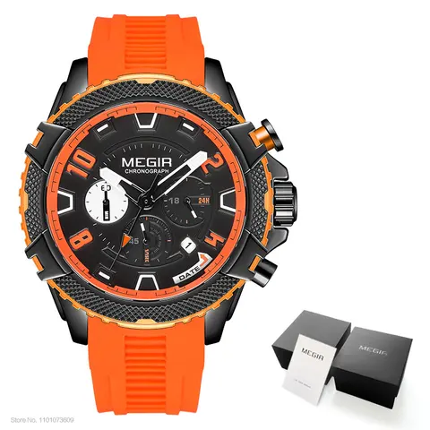MEGIR модные часы для мужчин оранжевый силиконовый ремешок спортивный хронограф кварцевые наручные часы с датой 24-часовой дисплей 3atm водонепроницаемый