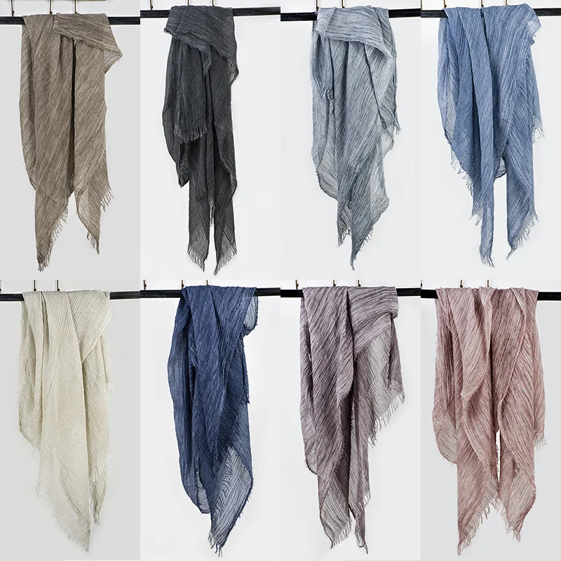 

Unisex Style Winter Scarf Autumn Warm Soft Shawls Tassel Scarves Solid Color Long Vintage Casual Cotton Linen Pleated Men Scarf