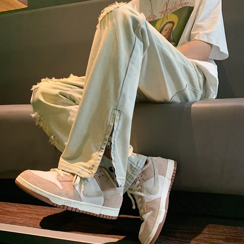 DEEPTOWN Ripped Zipper Jeans Men Hole Straight Denim Pants Vintage Loose Casual Trouers Male Streetwear Hip Hop Fashion Spring