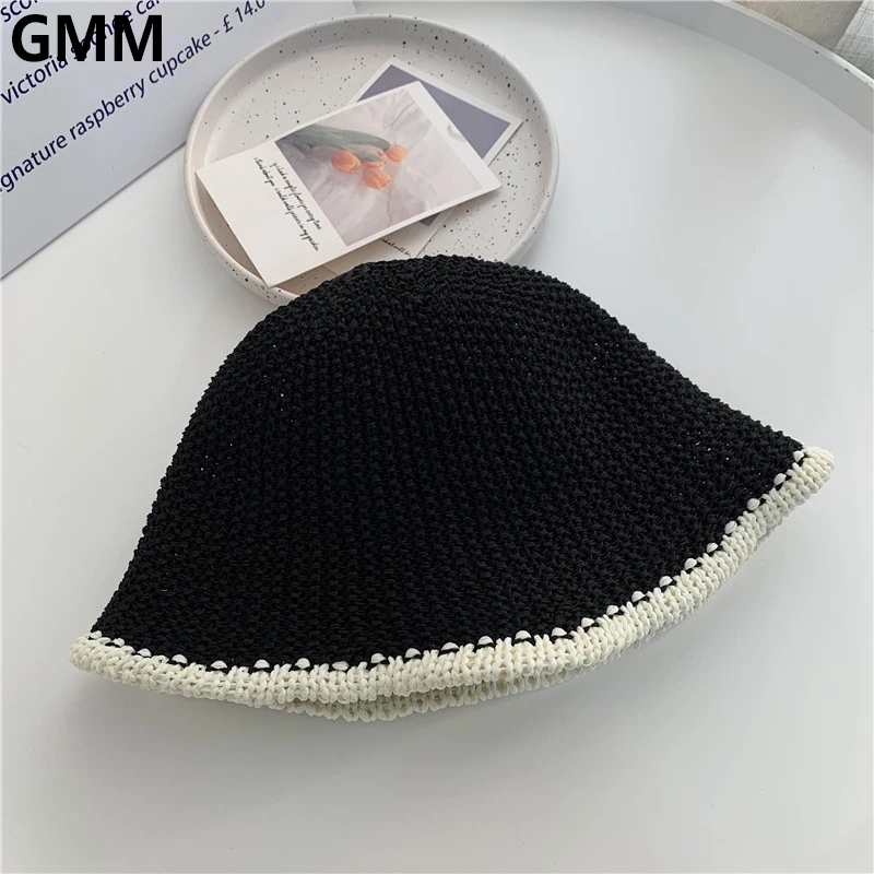 

Women Hollow Out Crochet Bucket Hat Spring Summer Fashion Knit Two- Color Dome Top Outdoor Sunshade Foldable Beach Sun Hats