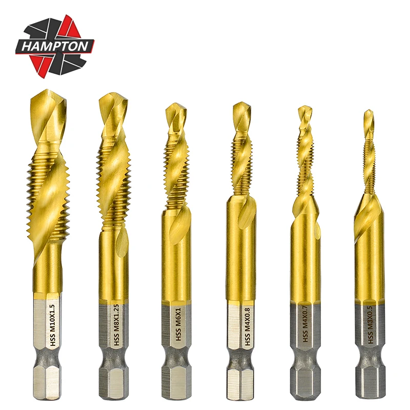 

HAMPTON Machine Tap HSS Screw Thread Tap M3-M12 TiN Coating Metric Threading Tools 1/4 Hex Shank Spiral Thread Tap