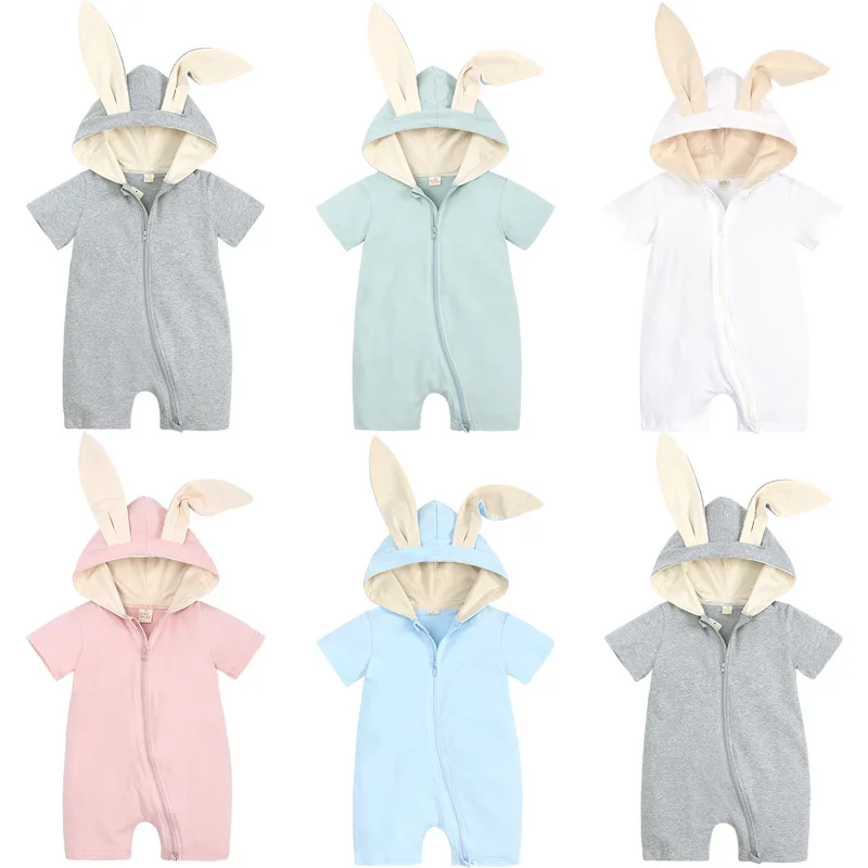 0-18M Newborn Baby Onesie Hoodied Rabbit Ears Baby Rompers Cotton Short-sleeved Jumpsuit Summer Infant Baby Boys Girls Clothes