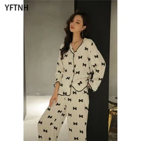 yftnh boutique fashion womens pajama sets silk long sleeve tops and night pants outfits solid printing soft sleepwear suit