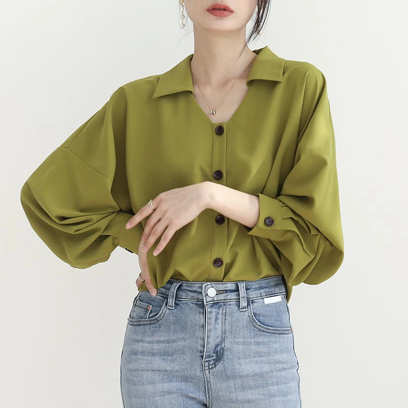

Butter green satin top women's shirt women's spring shirt spring