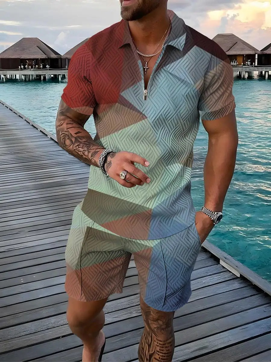 Men's Activewear Casual Summer 3D Printed Short Sleeve Polo Shirt and Shorts Set Two Piece Mens Streetwear Menswear