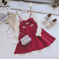 girls dresses spring autumn 2022 kids baby girls long sleeve bowknot a line dress fake two pieces patchwork princess dresses