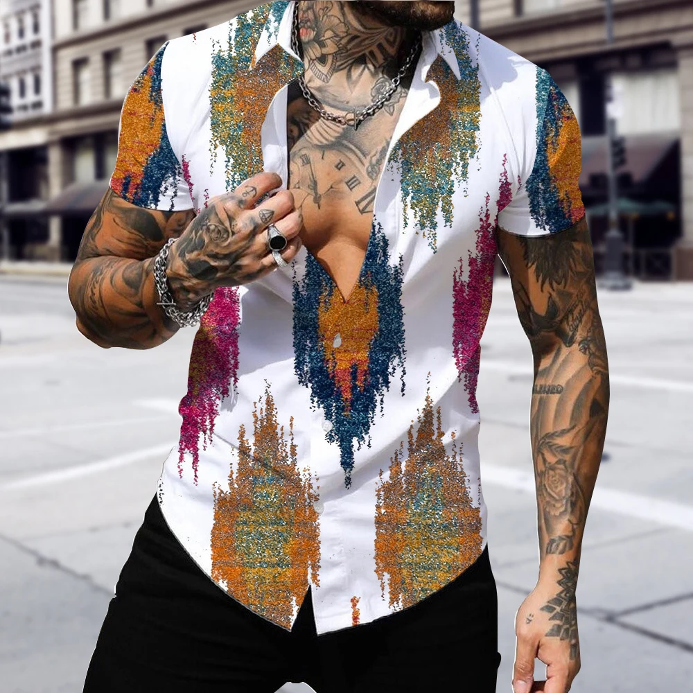 

Мужская летняя рубашка из полиэстера с коротким рукавом, Повседневная Гавайская пляжная Мужская футболка с принтом, футболка с отложным во...