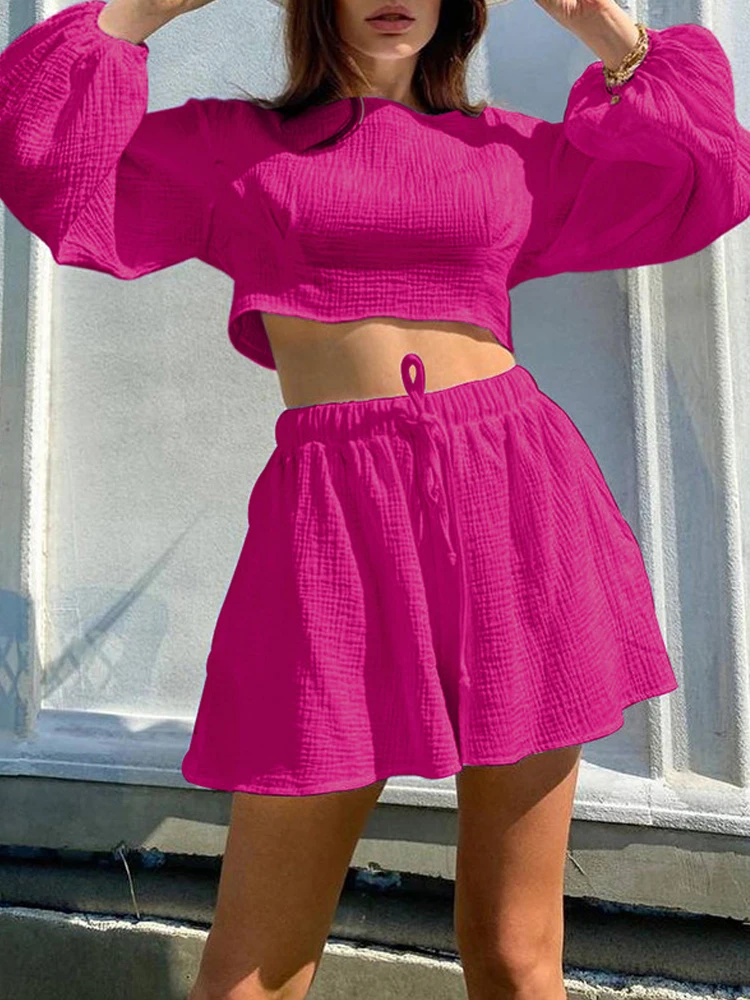 

Women Summer Casual 2 Piece Solid Color Loose Ladies Set Fashion Lantern Long Sleeve O Neck Short Top and Drawstring Shorts Suit