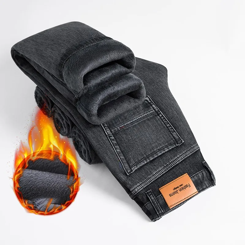 Pantalones gruesos de mezclilla para hombre, Jeans cálidos de negocios de estilo clásico, de lana lisa, color negro y azul, novedad de invierno, 2021
