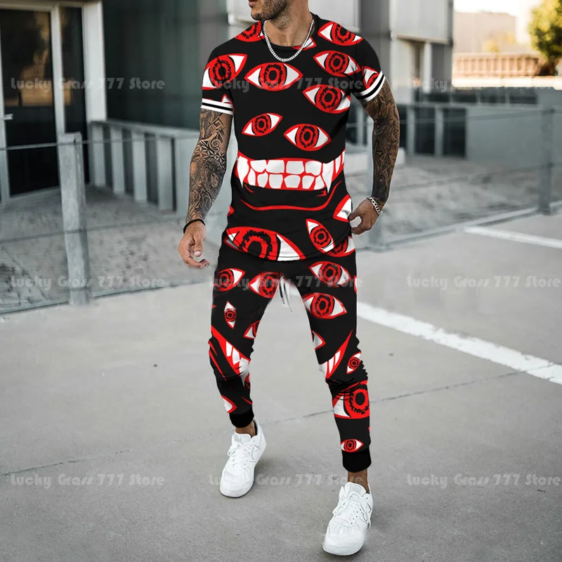 Summer New Men's T-Shirt Sets Sport Pants 2 Piece Suit 3D Terrible Eyes Print Man Clothing Streetwear Fashion Tracksuit Trousers