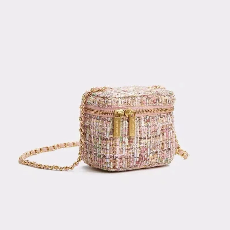 

New Women's Woolen Cloth Shoulder Bag Chain Messenger Bag Sweet Retro Mini Bucket Bag Fashion Checkered Cosmetic Bag