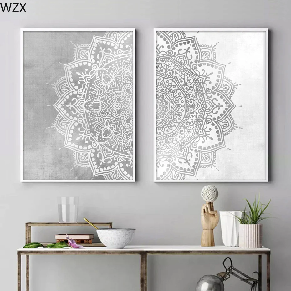 Богемный рисунок мандалы, Настенная картина бежевого, серого и белого цвета на холсте, картина для йоги, гостиной, домашний декор интерьера, плакат