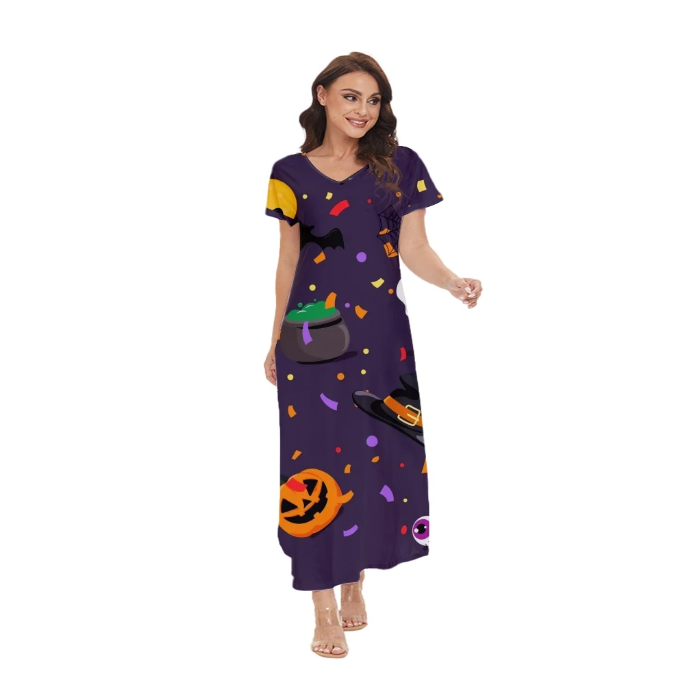 

Women Irregular Hem Neck Dresses Short Sleeve Halloween Printing Causal Summer Beach Dress Ladies Long Dresses