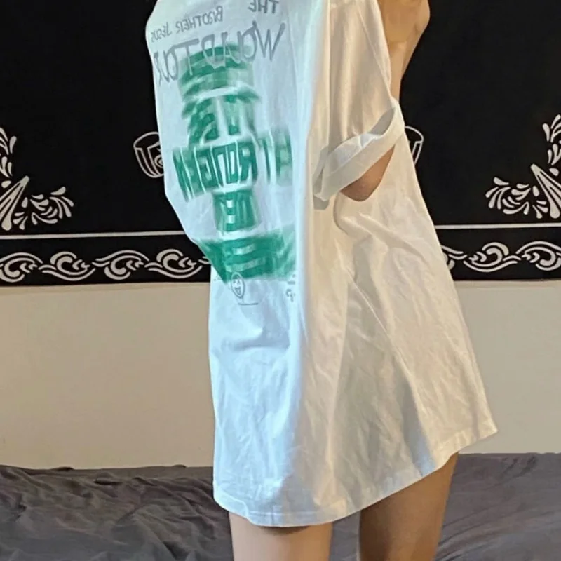 

QWEEK Korean Fashion Letter Print T-shirt for Women Harajuku Streetwear Short Sleeve Tshirt Tees White Tops Ins BF 2022 Summer