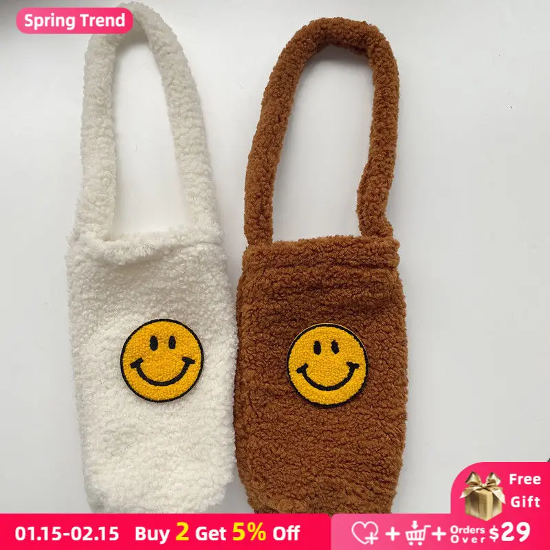 

Lovely Smiley Soft Plush Women Mini Handbags Cute Cow Pattern Girls Student Portable Water Cup Bag Fashion Ladies Clutch Purse