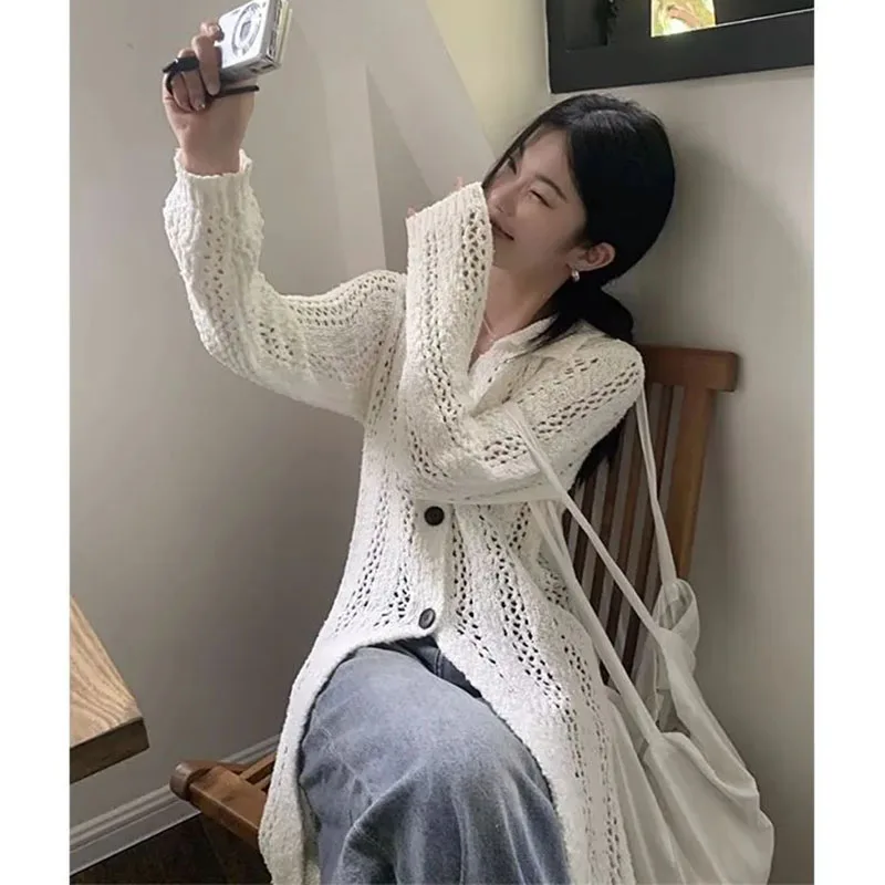 ПОЛО ажурный вязаный кардиган с вырезом свитер куртка женская осень 2021 новые
