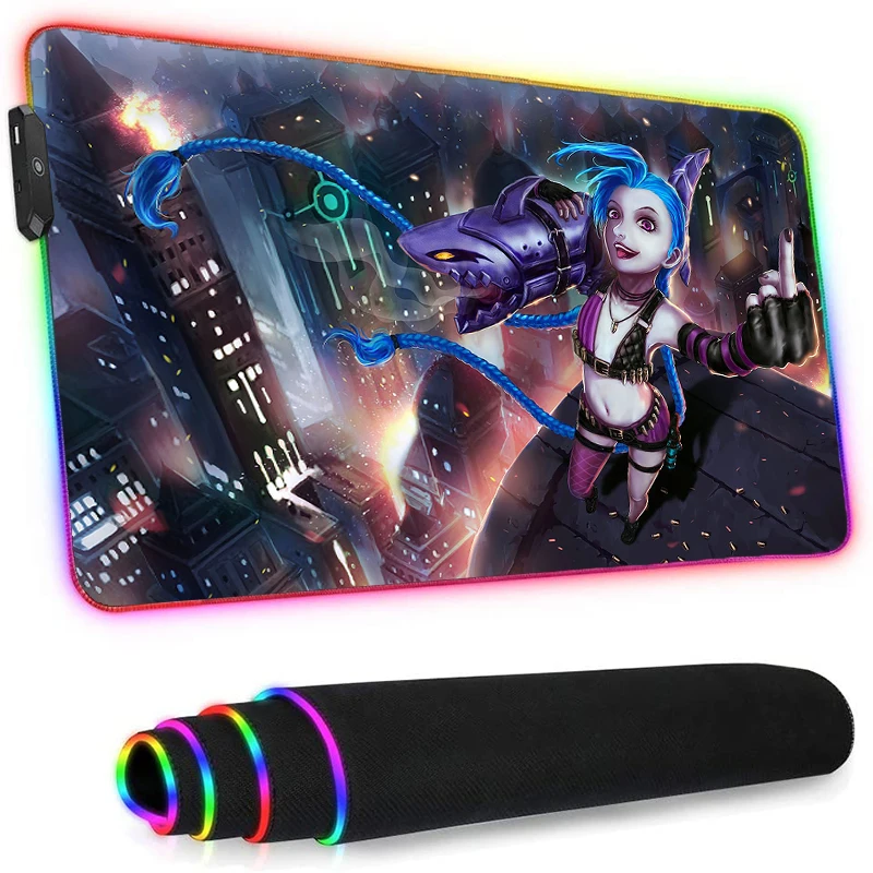 Светодиодный коврик для мыши Rgb Аниме Lol Jinx Genshin Ударопрочный ПК геймерская