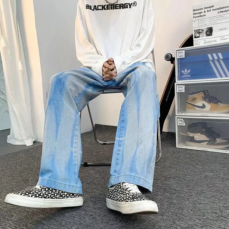 DEEPTOWN Y2K Straight Jeans Men Loose Fashion Denim Pants Casual Blue Harajuku Trousers Male Wide Leg Streetwear Hip Hop Spring